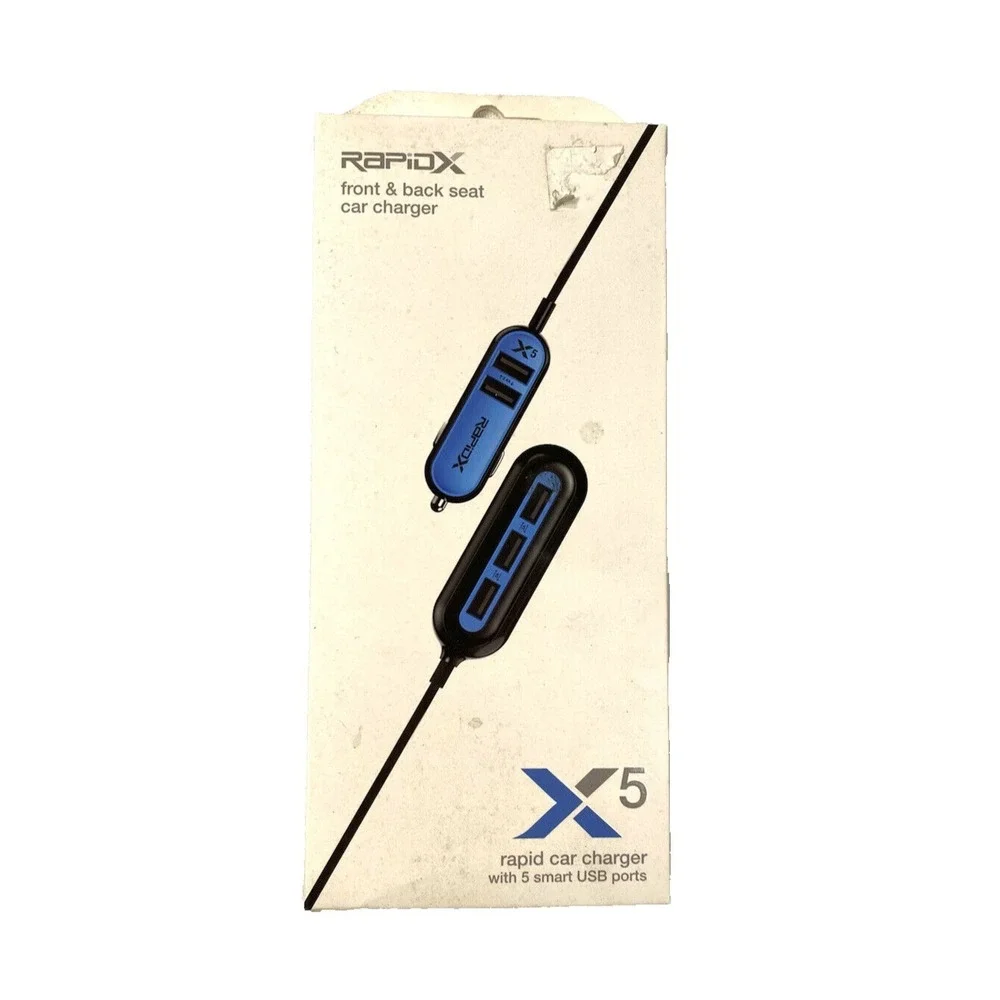 NEW rapidX front to back seat 5 smart USB ports car charger‎ 5 FT cord X5 BLUE